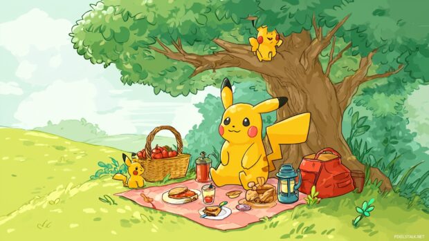 Cute Pikachu wallpapers hd with Pikachu enjoying a picnic under a tree.