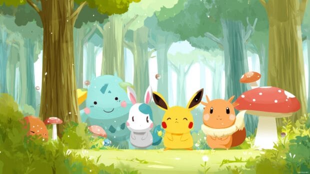 Cute Pokemon backgrounds for desktop featuring a vibrant forest setting with playful creatures.