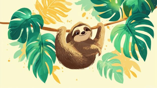Cute animal desktop, An inviting illustration of a baby sloth hanging from a branch with bright tropical leaves, emphasizing its laid back vibe.