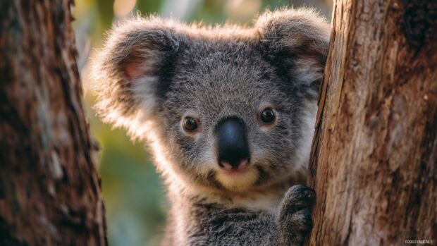 Cute animal desktop HD, An enchanting view of a fluffy baby koala clinging to a eucalyptus tree, highlighting its curious expression.