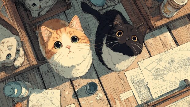 Cute anime cat wallpaper displaying fun interactions among feline friends.