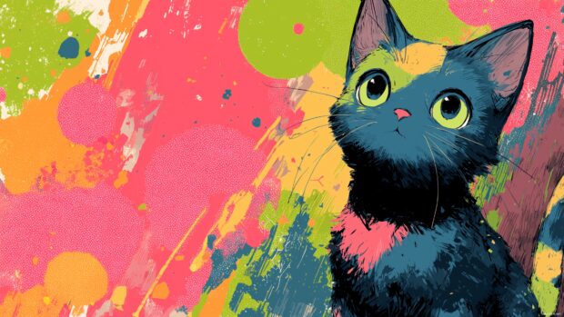 Cute anime cat wallpaper with vibrant colors and playful background.