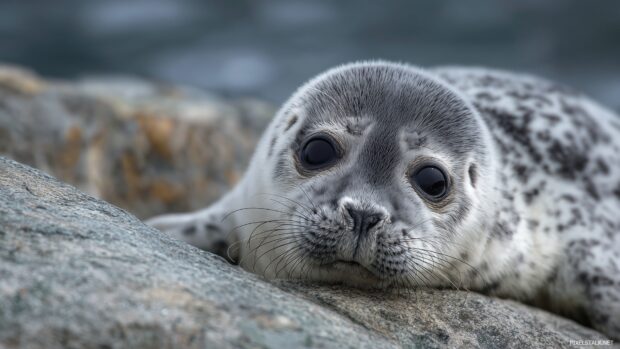 Cute baby animal backgrounds to download, showcasing cuddly seals resting on rocks.