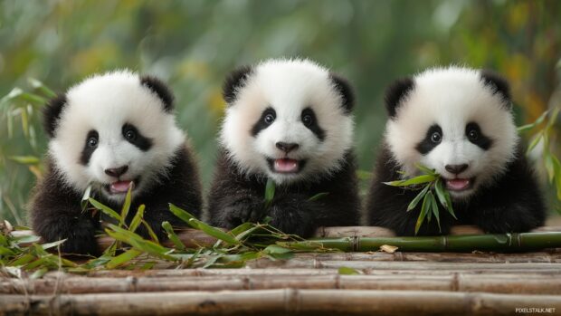 Cute baby animal desktop wallpapers depicting joyful panda cubs munching on bamboo.