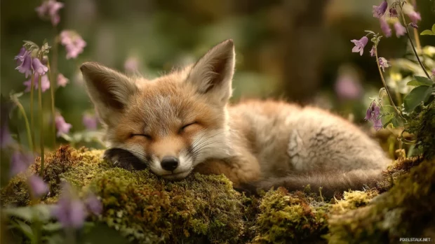 Cute baby animal hd pictures capture a slumbering fox cub nestled in moss with delicate blooms around, dreamy softness and high detail.