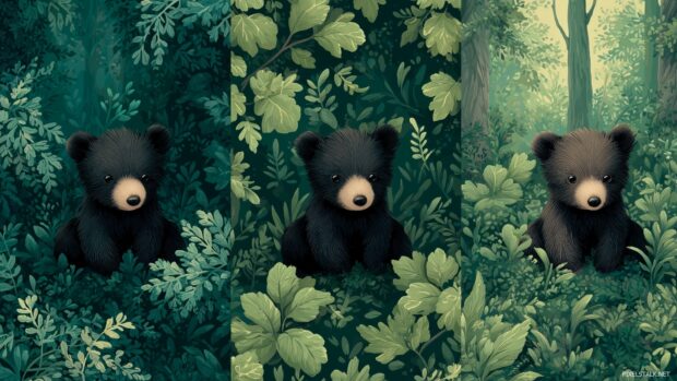 Cute baby animal themed wallpapers showcasing tiny bears in a lush forest.
