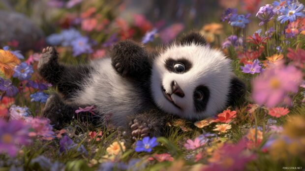 Cute baby animal wallpapers, A cozy scene featuring a playful baby panda rolling in the grass surrounded by vibrant flowers.