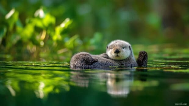 Cute baby animal wallpapers, A mesmerizing view of a baby otter floating on its back in a calm river, surrounded by lush greenery.