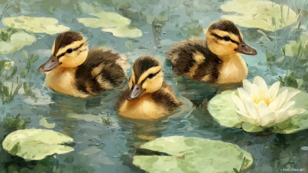 Cute baby animal wallpapers free concept showing a trio of ducklings paddling across a tiny pond with lily pads, crisp details and cheerful scene.
