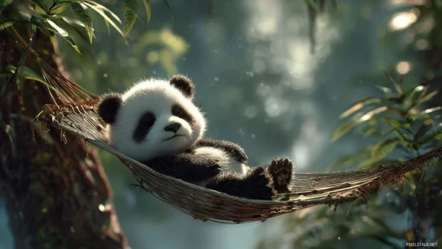 Cute baby animals hd wallpapers free download style featuring a hammock strung between trees, with a sleepy panda cub and gentle breeze.