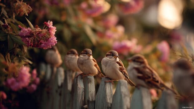 Cute bird wallpapers hd, A charming scene with small, fluffy birds perched on a garden fence, surrounded by blooming flowers and gentle sunlight.