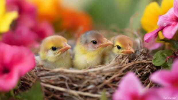 Cute bird wallpapers hd, A playful arrangement with adorable baby birds nestled in a cozy nest, surrounded by colorful flowers and soft, warm lighting.