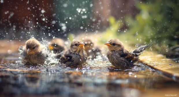 Cute bird wallpapers hd, An adorable capture of tiny birds splashing in a puddle, creating a joyful and refreshing scene in a backyard setting.