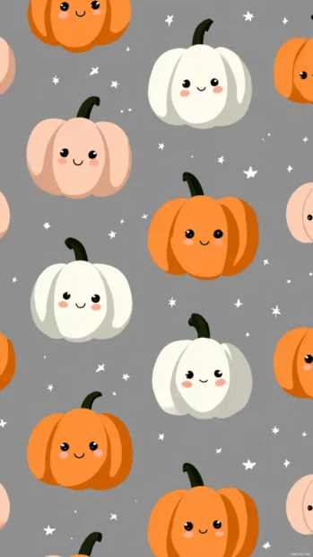 Cute carved pumpkin wallpaper depicting charming jack o lantern faces with rosy cheeks in repeating pattern on soft grey.