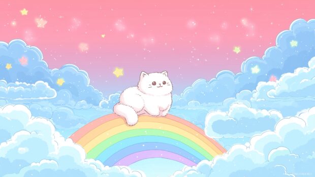 Cute cat anime wallpaper, A fluffy cat perched on a rainbow with cute clouds and stars surrounding it in a bright, cheerful sky.