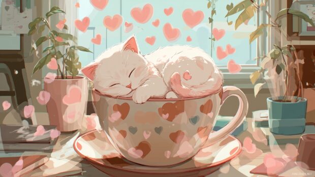 Cute cat anime wallpaper, A sleepy cat curled up in a teacup with cute steam hearts rising above in a whimsical café setting.