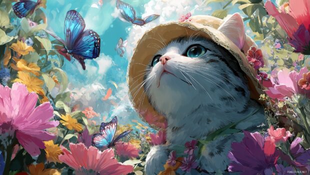 Cute cat anime wallpaper, An adorable cat wearing a cute hat surrounded by colorful flowers and butterflies in a dreamy landscape.