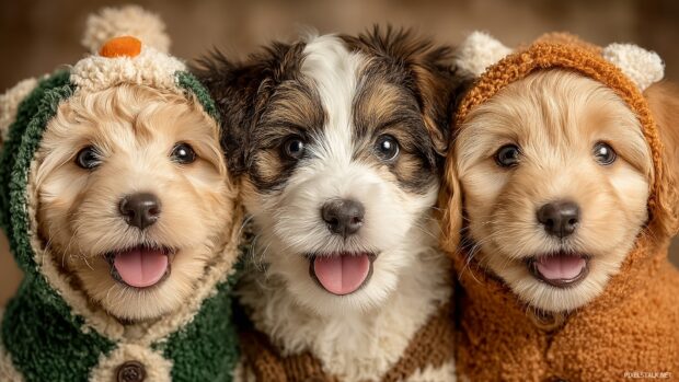Cute dog backgrounds featuring an artistic rendition of puppies playing with yarn in a dreamy setting.