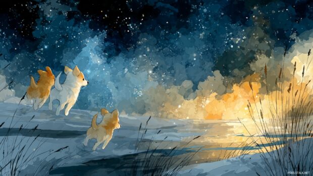 Cute dog backgrounds illustrating a mystical landscape where puppies run under a starry sky.