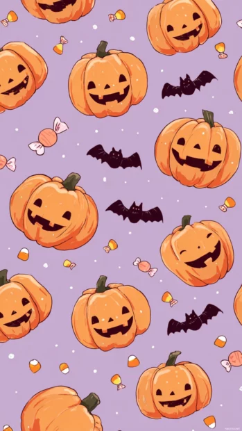 Cute halloween pumpkin wallpaper featuring grinning pumpkins with tiny bats and candy corns scattered across a light lilac backdrop.