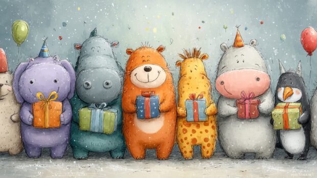 Cute happy birthday wallpaper hd theme with cartoon animals bringing gifts and cheer.