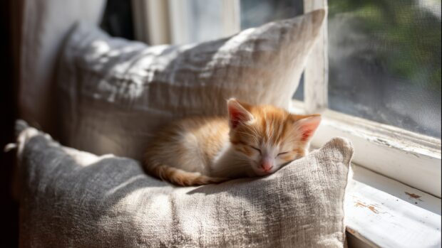 Cute pet wallpapers, A heartwarming scene of a tiny kitten curled up asleep on a sunny windowsill with soft pillows around.