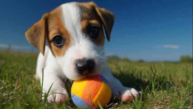 Cute pet wallpapers, A joyful scene featuring a baby puppy playing with a colorful ball on a green lawn under a bright blue sky.