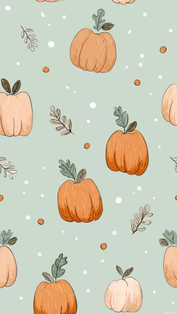 Cute pumpkin background with pastel pumpkins and whimsical doodle leaves floating evenly in a pattern across a pale mint field.