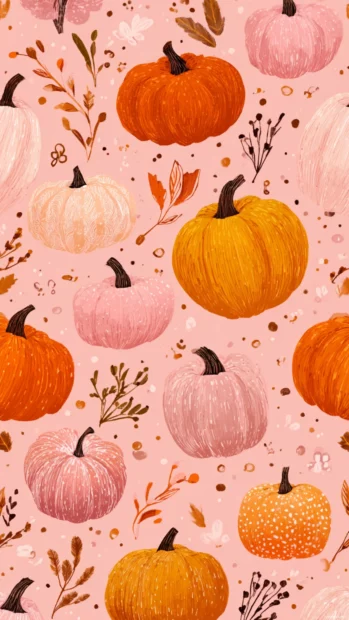 Cute pumpkin collage with pink and orange tones and hand drawn elements scattered evenly.