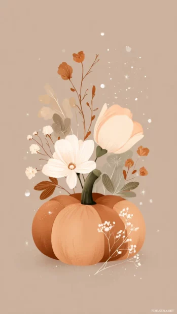 Cute pumpkin composition with dainty floral details and a cozy neutral aesthetic.
