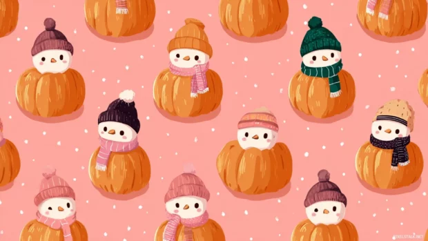 Cute pumpkin desktop wallpaper showing cartoon pumpkins wearing scarves and hats, placed evenly on a pink backdrop.