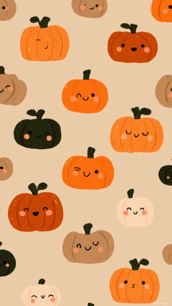 Cute pumpkin expressions showing happy, sleepy, and silly moods in a soft aesthetic tile.