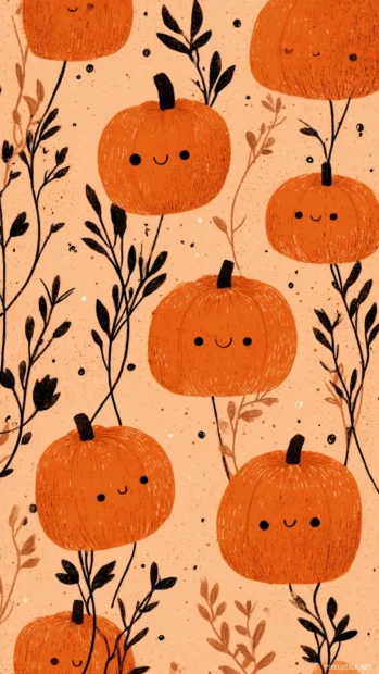 Cute pumpkin faces surrounded by subtle dots and vines in a balanced aesthetic pattern.