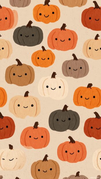 Cute pumpkin iphone wallpaper featuring kawaii style pumpkins with smiling faces arranged in tile grid over muted beige background.