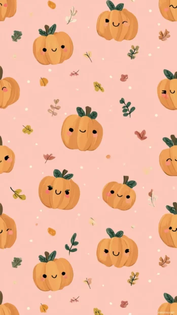 Cute pumpkin pattern with smiling faces and pastel leaves scattered across a soft pink background.