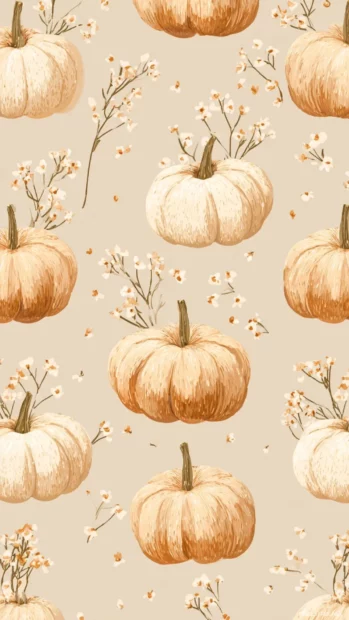 Cute pumpkin pattern with soft beige tones and tiny floral accents arranged in an aesthetic layout.
