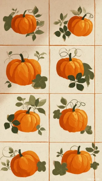 Cute pumpkin visuals laid out in a harmonious tile with warm lighting and vintage color tones.