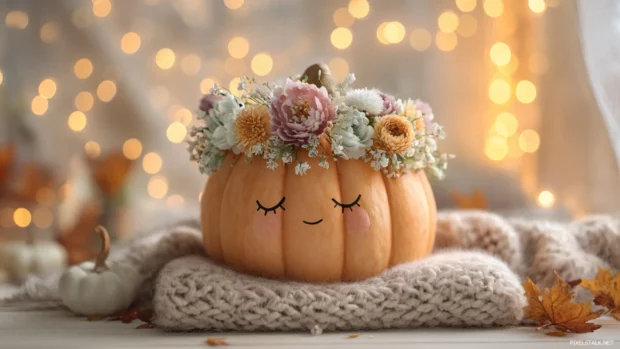 Cute pumpkin wallpaper rendering whimsical smiling pumpkin with floral crown on cozy blanket setting.