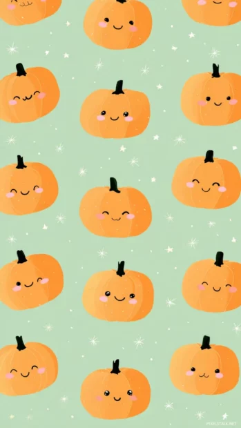 Cute pumpkin wallpaper showing smiling round pumpkins with rosy cheeks and tiny stars in repeating grid formation on pale mint backdrop.