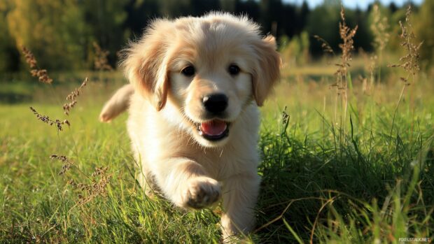 Cute puppy hd images featuring a fluffy golden retriever playing in a sunlit meadow.