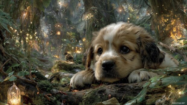 Cute puppy hd images presenting a fantasy like scene of puppies living in a magical forest.