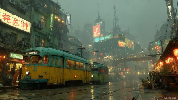 Cyberpunk street scene bustling with activity and glowing billboards, live 3D wallpapers for desktop.