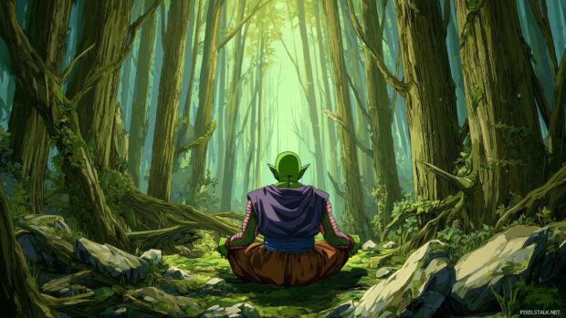 DBZ HD Wallpapers, Piccolo meditating in a tranquil forest, bold lines, serene atmosphere.