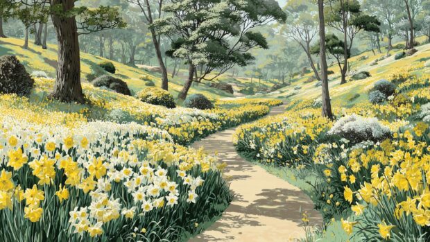 Daffodil wallpaper, A serene landscape featuring a winding path lined with daffodils, inviting viewers to stroll through the floral haven.