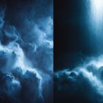 Dark blue and black backgrounds highlighting ethereal fog and li