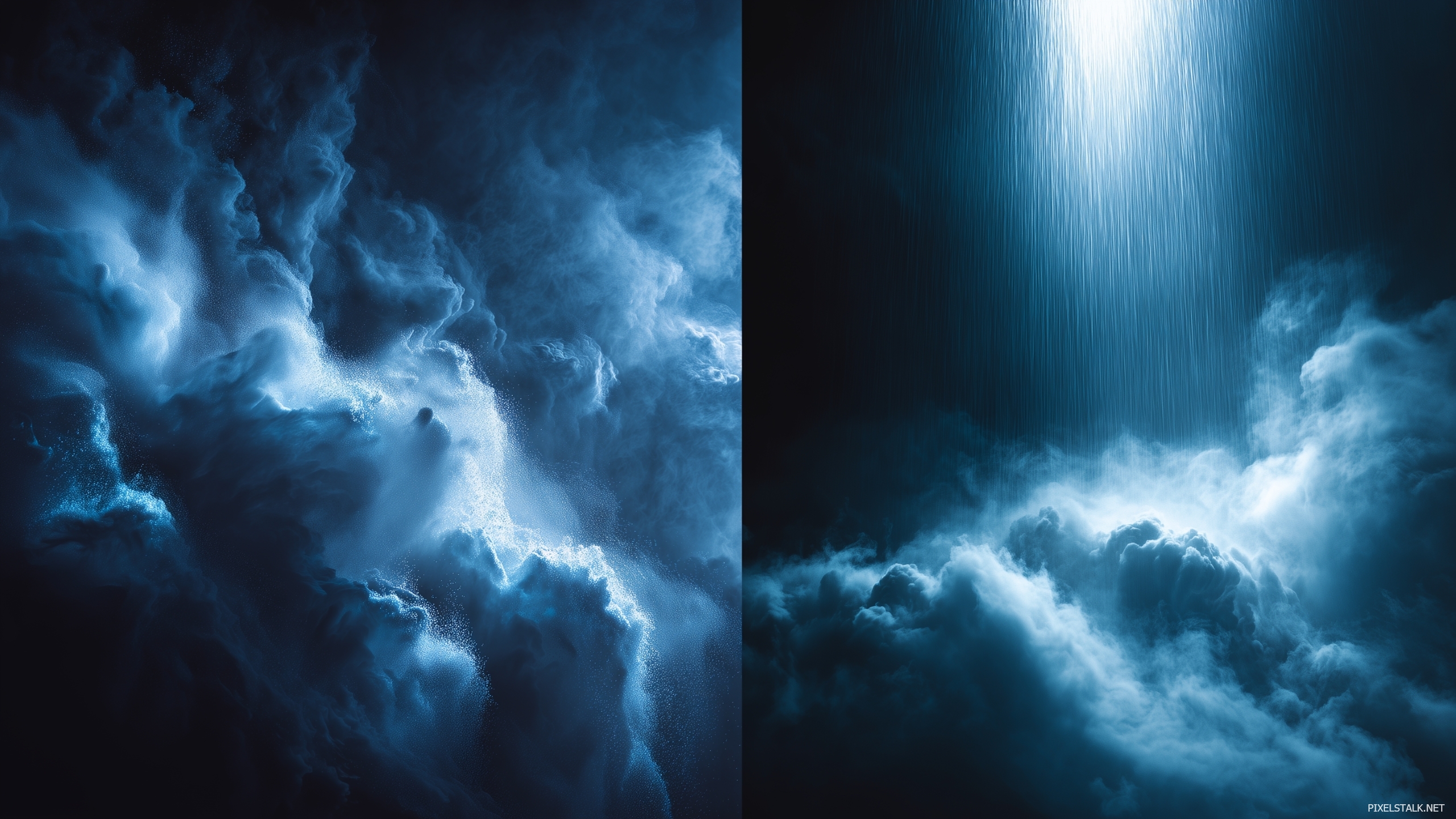 Dark blue and black backgrounds highlighting ethereal fog and li.