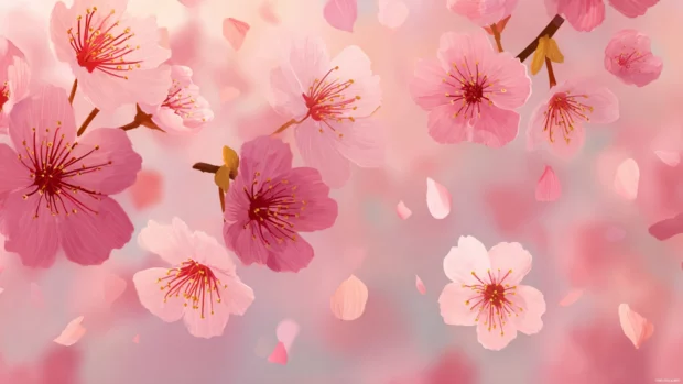 Delicate cherry blossoms falling slowly in the breeze, blending into a Soft Wallpaper composition.
