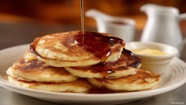 Delicious food images HD of a traditional American breakfast with pancakes and maple syrup.