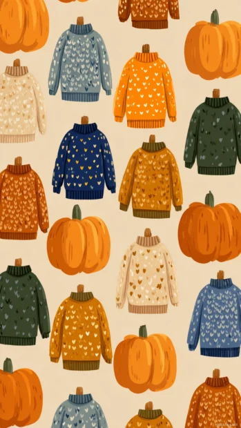 Delightful rows of tiny cute pumpkins in autumn sweaters on a gentle background.
