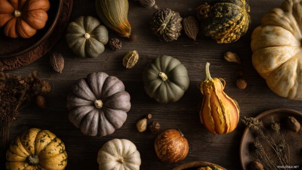 Desktop Backgrounds Pumpkin, A creative flat lay of assorted pumpkins, gourds, and seasonal decor on a rustic table, ideal for capturing the spirit of fall.